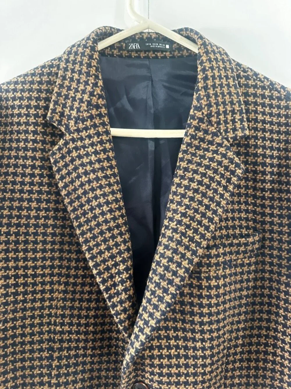 Zara Houndstooth Single Breasted Blazer Mens XL Brown Wool Blend Office Preppy